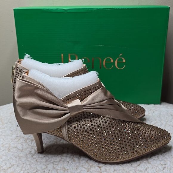 NIB J Reneé Elettra Pointy Toe Booties Sz 7.5 BEIGE SATIN/RH